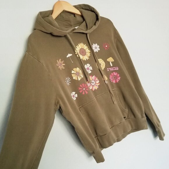 O'Niell Offshore Cotton Fleece Graphic Hoodie M Olive Green Mushroom Flower Boho - Picture 12 of 16